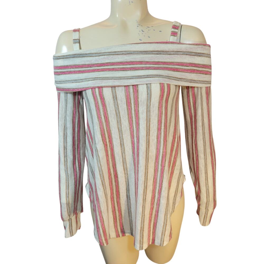NEW Lavender Field Pink Gray Cream Striped Cold Shoulder Top Women's Size Small